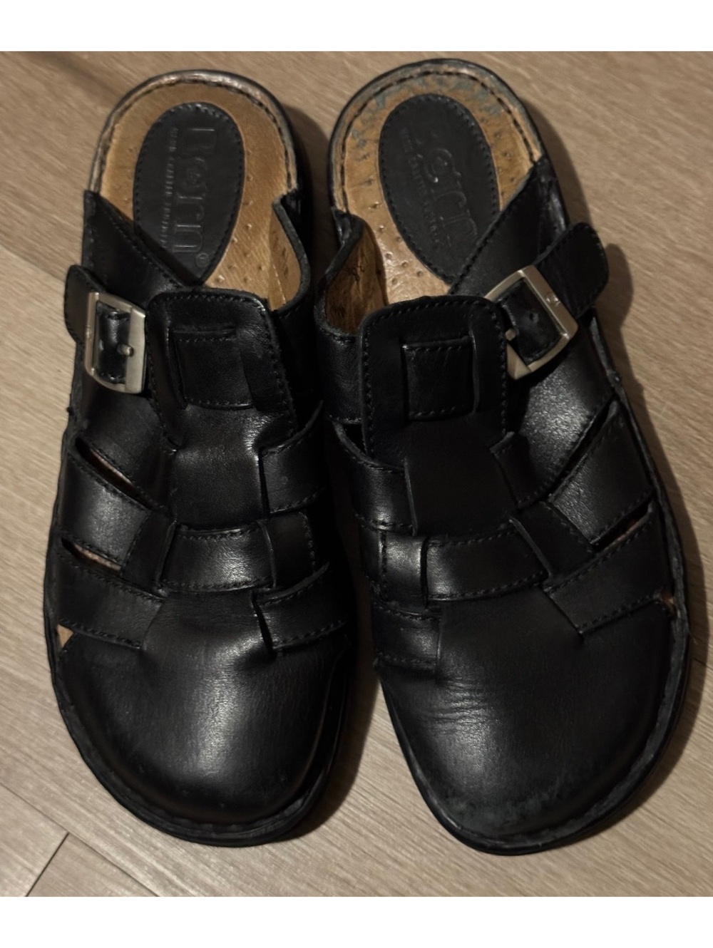 Born Black Leather Fisherman Mules Clocks Sandals Size 38 (US 7/7.5)